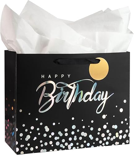 Loveinside Bolsa de regalo de cumpleaños negra con papel de seda para cumpleaños, baby shower, fiesta y más, 13 x 5 x 10 pulgadas, 1 unidad