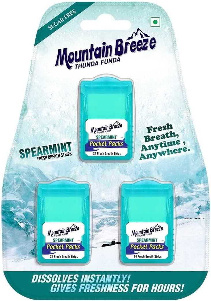 Mountain Breeze Oral Hygiene Mouth Freshener Sugar Free Spearmint Flavoured Breath Strips(24 Strips Each Cassatte)-Pack of 1(3 Cassette), 50 Grams