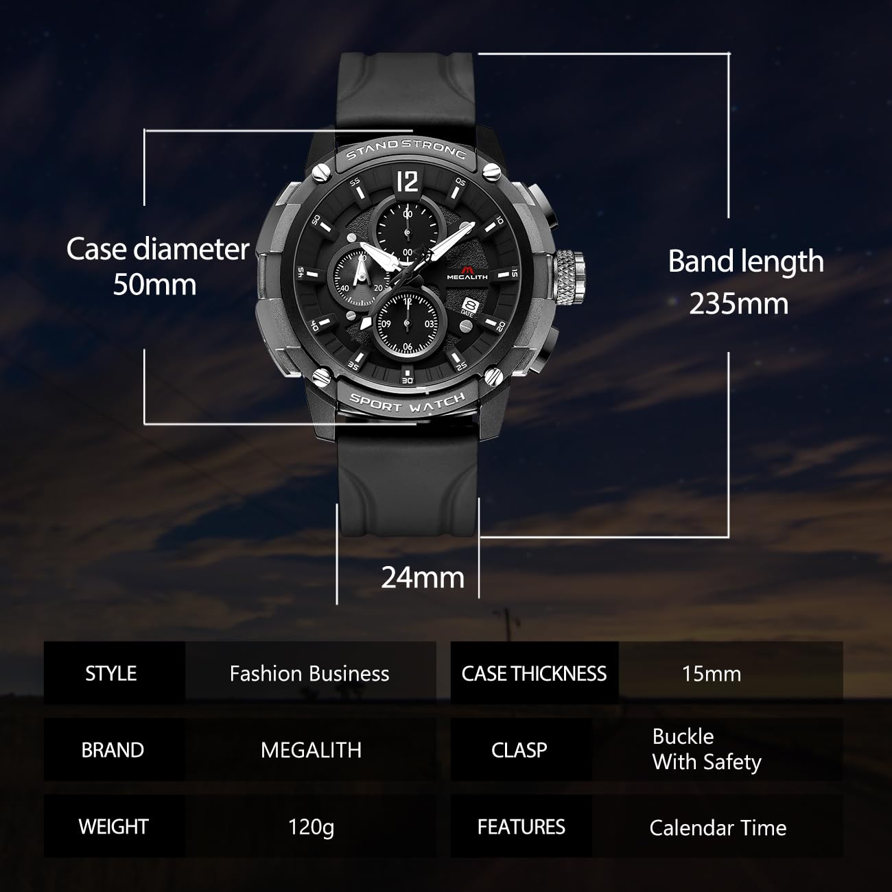 MEGALITH Heavy Duty Watches for Men: Military Sport Analog Chronograph with Luminous - Waterproof Design for Daily Casual Wear and Outdoor Sport Hiking Camping - Model 8231 — view 5