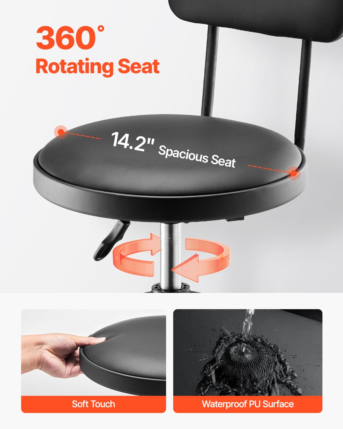VEVOR Taburete de Taller con Respaldo Asiento de Garaje Carga de 136 kg Taburete de Trabajo Altura Ajustable 103-114 cm Giratorio de 360° para Garaje, Taller, Reparación de Automóviles, Negro