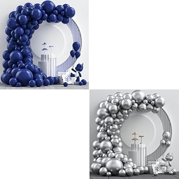 NISOCY Silver Blue Balloon Garland Arch Kit, 204Pcs 18In 12In 10In 5In Silver Navy Blue Balloons with Different Sizes for Baby Shower Birthday Graduation Wedding Party Decorations