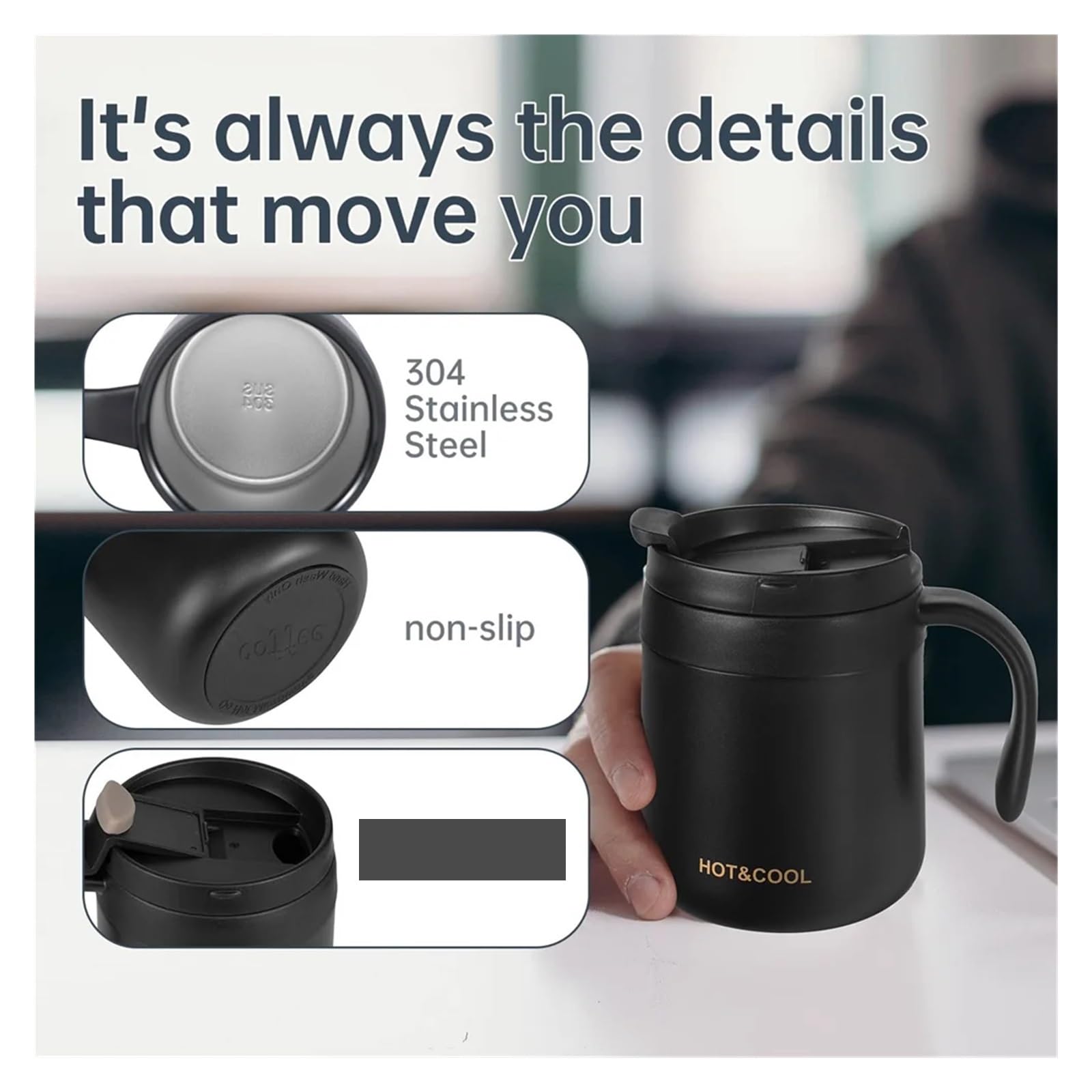 Taza de café aislada con asa, vaso acero inoxidable, tazas té labio para Café(500ml,Black)