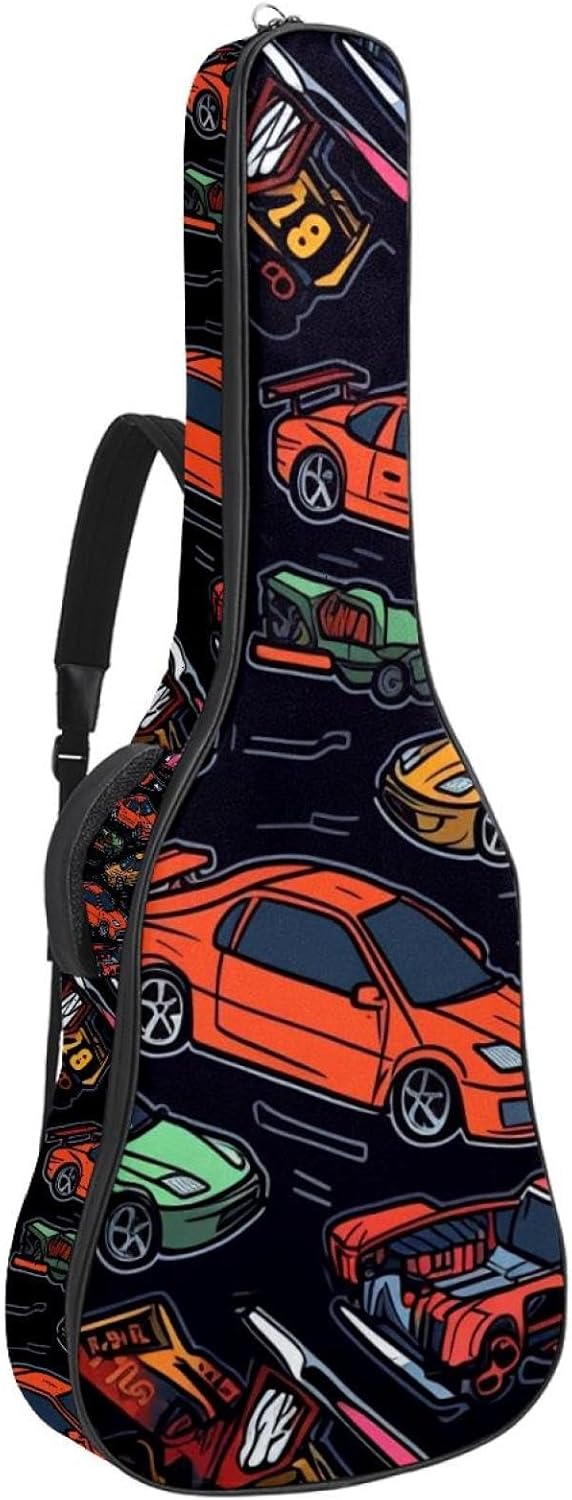 Acoustic Guitar Bag 0.4 Inch Thick Padding Waterproof Guitar Case Gig Bag for 40 41 42 Inch Electric Bass Classical Guitar, Colorful Racing Car Doddle Seamless