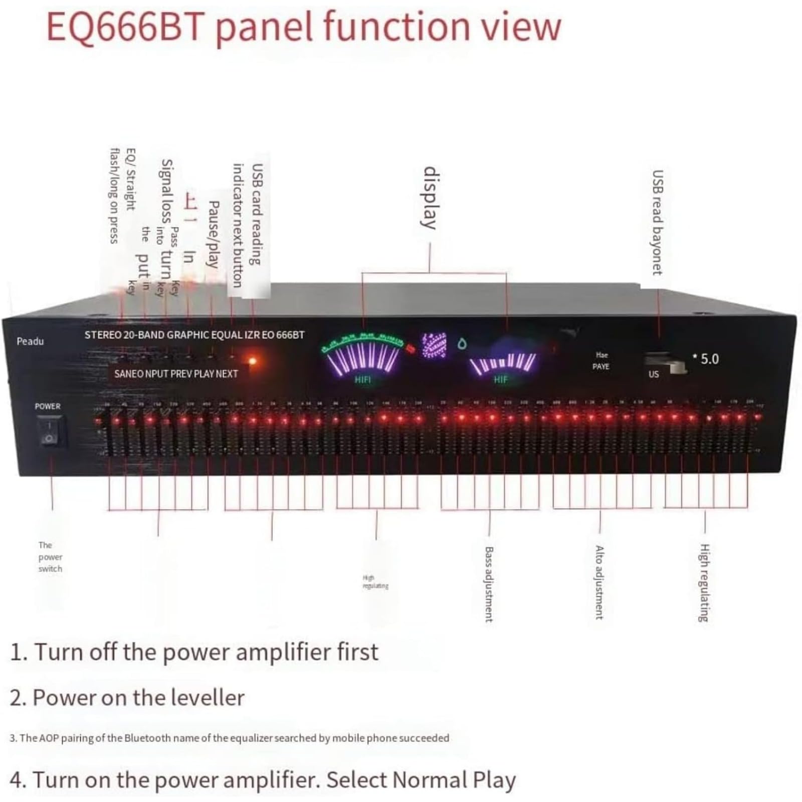 Korektor efektów stereo, bezstratny kontroler efektów stereo, korektor korektora Hi-Fi, korektor graficzny do wysokiego/średniego/basu (czarny, EQ-666)