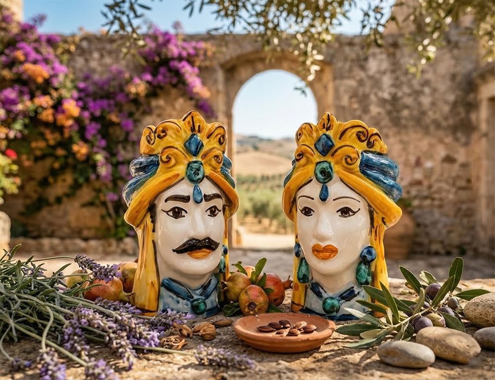 Generico Coppia teste di moro Caltagirone giallo in ceramica siciliana vasetti piccoli 15 cm