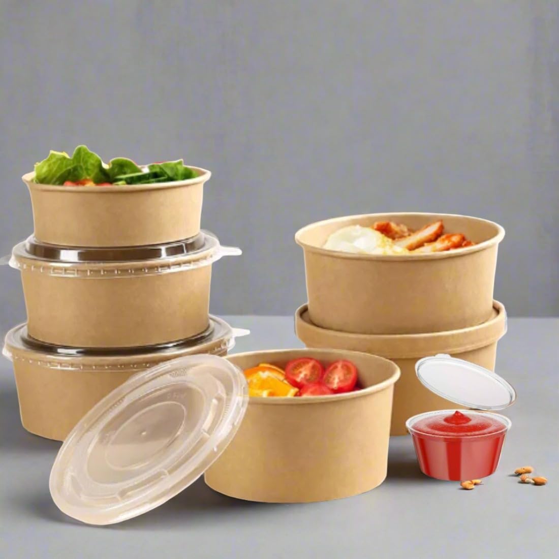 HOT BARGAINS 38oz Kraft Paper Salad Bowls with Lids and Sauce Pots, 50 Sets