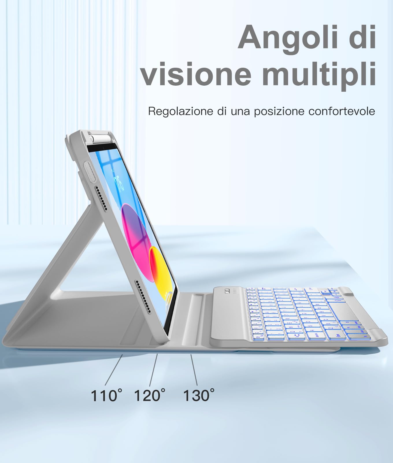 Vobafe Cover iPad A16 11 10 Generazione con Tastiera (11/10.9 Pollici, 2025/2022), Italiano QWERTY con 7 Colori Illuminato, Senza Fili Staccabile Custodia con Portapenna per Tastiera iPad A16, Grigio