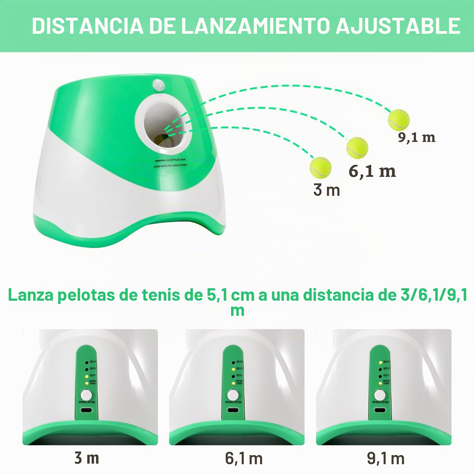 Lanzador de pelotas para perros con 12 pelotas de tenis, lanzador automático de pelotas de perro para interiores y exteriores, 3 distancias ajustables de 10 a 30 pies, máquina interactiva de
