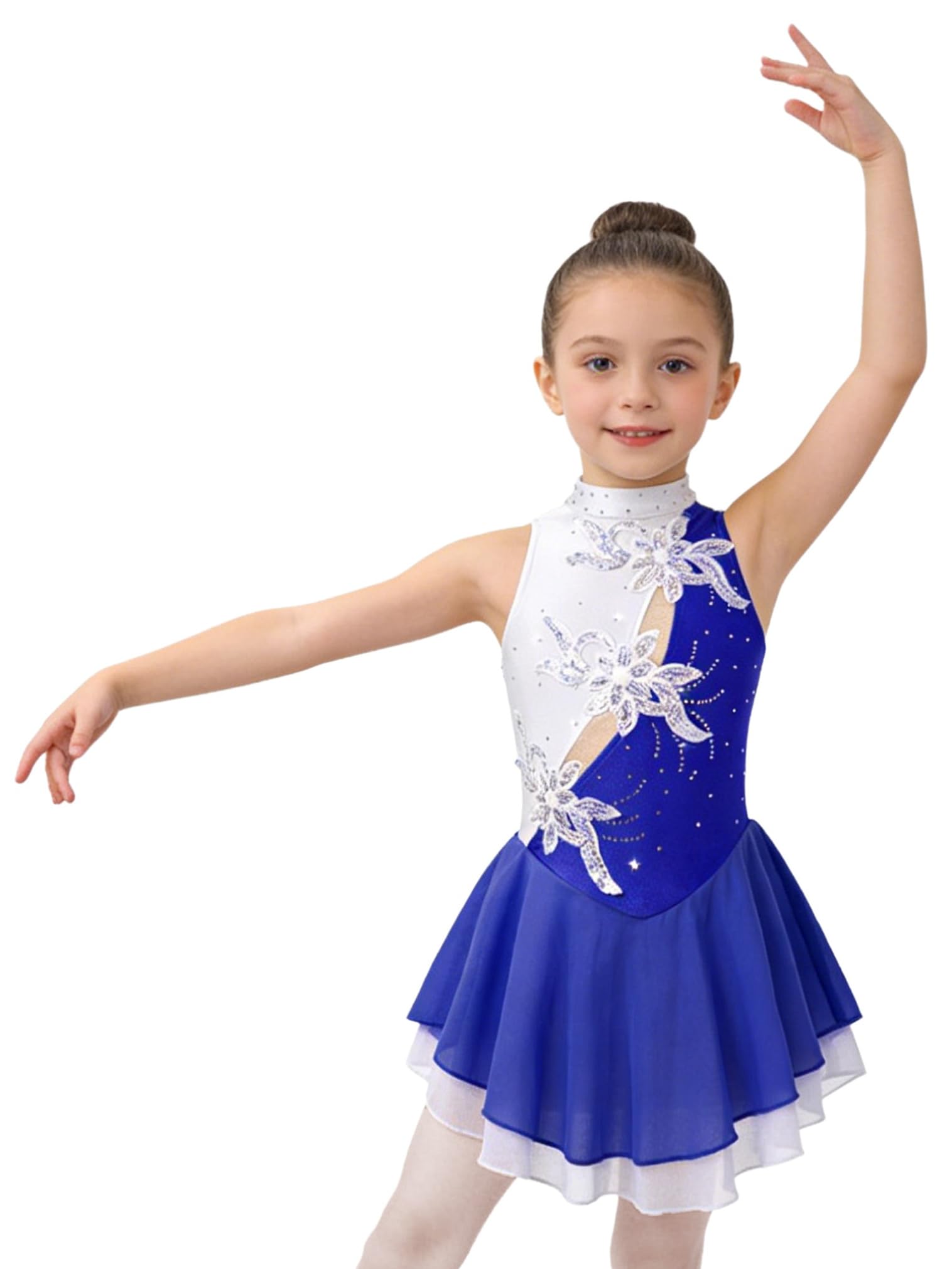 FEESHOW Mädchen Eiskunstlauf Kleid Neckholder Pailletten Blumen Eislaufen Kleid Tanz Trikot Kinder Glänzende Rollschuhlaufen Tanzkleidung