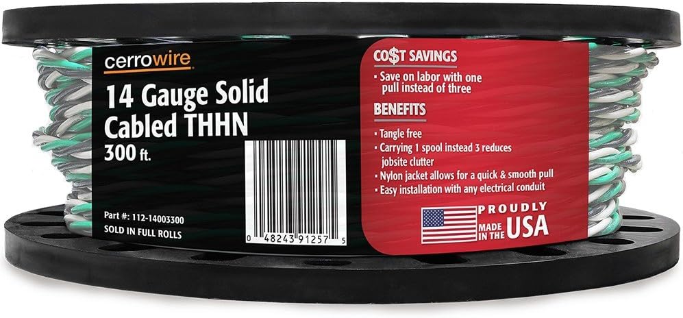 CERRO 112-14003300 Feet Solid Cabled Thhn Black, White and Green Wire, 300-Foot, 14-Gauge
