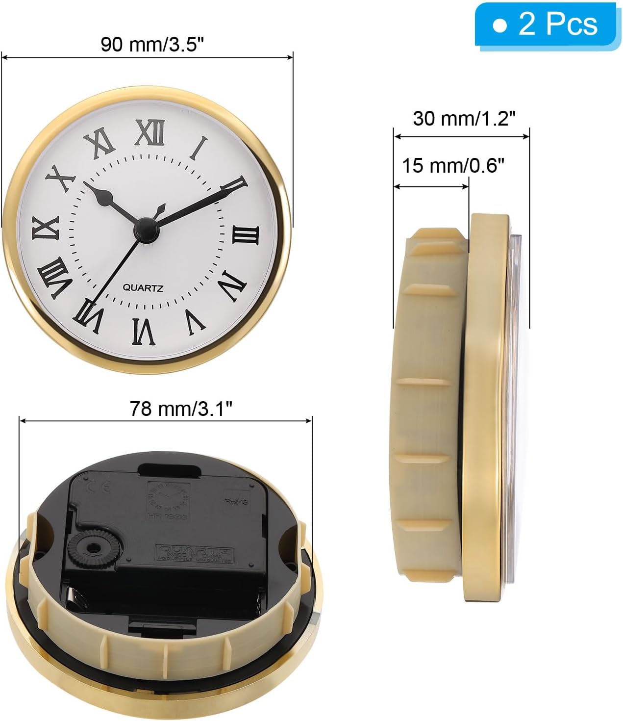 PATIKIL 3.5" 90mm Quartz Clock Insert, 2 Pcs Round Quartz Movement Miniature Clock Mini Roman Numeral Clock Fit 78mm/3.1" Diameter Hole for Replacement Home, Gold Tone/White, Style 3