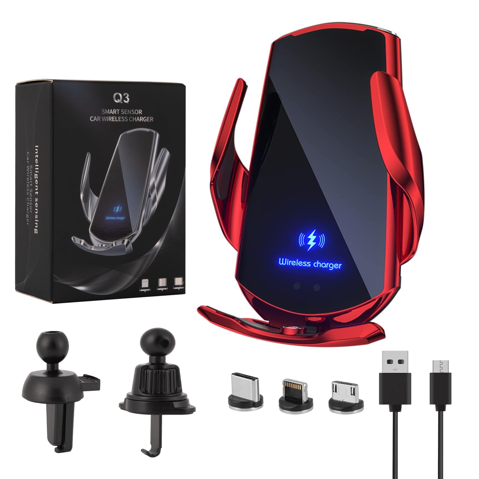 LFNOWN Wireless Car Charger Mount 15W Fast Charging Auto Clamping Car Phone Holder Mount Wireless Charging for Car Air Vent Compatible with All Android Smartphone(Red)