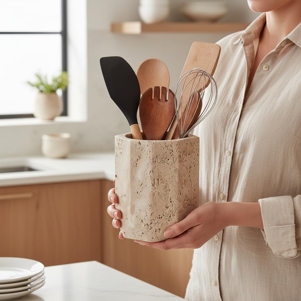 SPESHSTONES Porte-ustensiles en marbre de 16,5 cm, ensemble d'ustensiles de cuisine en pierre, pot en grès pour le rangement sur le plan de travail, porte-ustensiles moderne en travertin