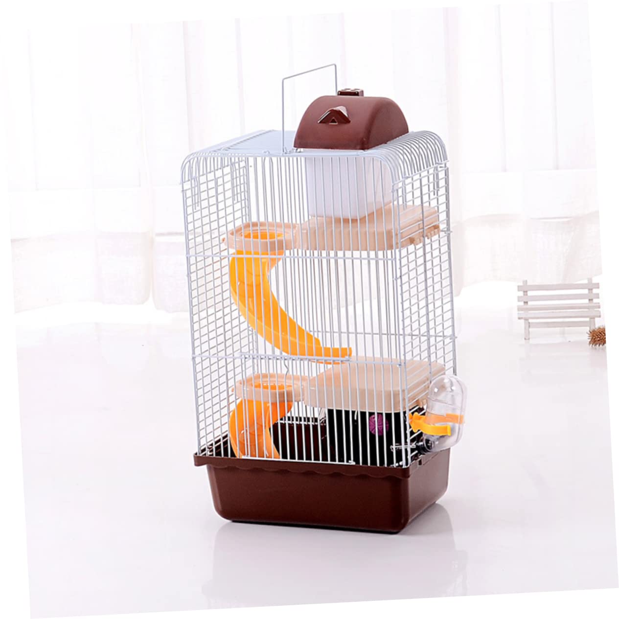 Dreistöckiger Hamsterkäfig Luxus Villa Käfig mit DREI Ebenen | Kaffeefarbene Ausführung, Pp und Eisendraht, 23x17x45cm, Laufrad und Auslaufsichere Trinkflasche