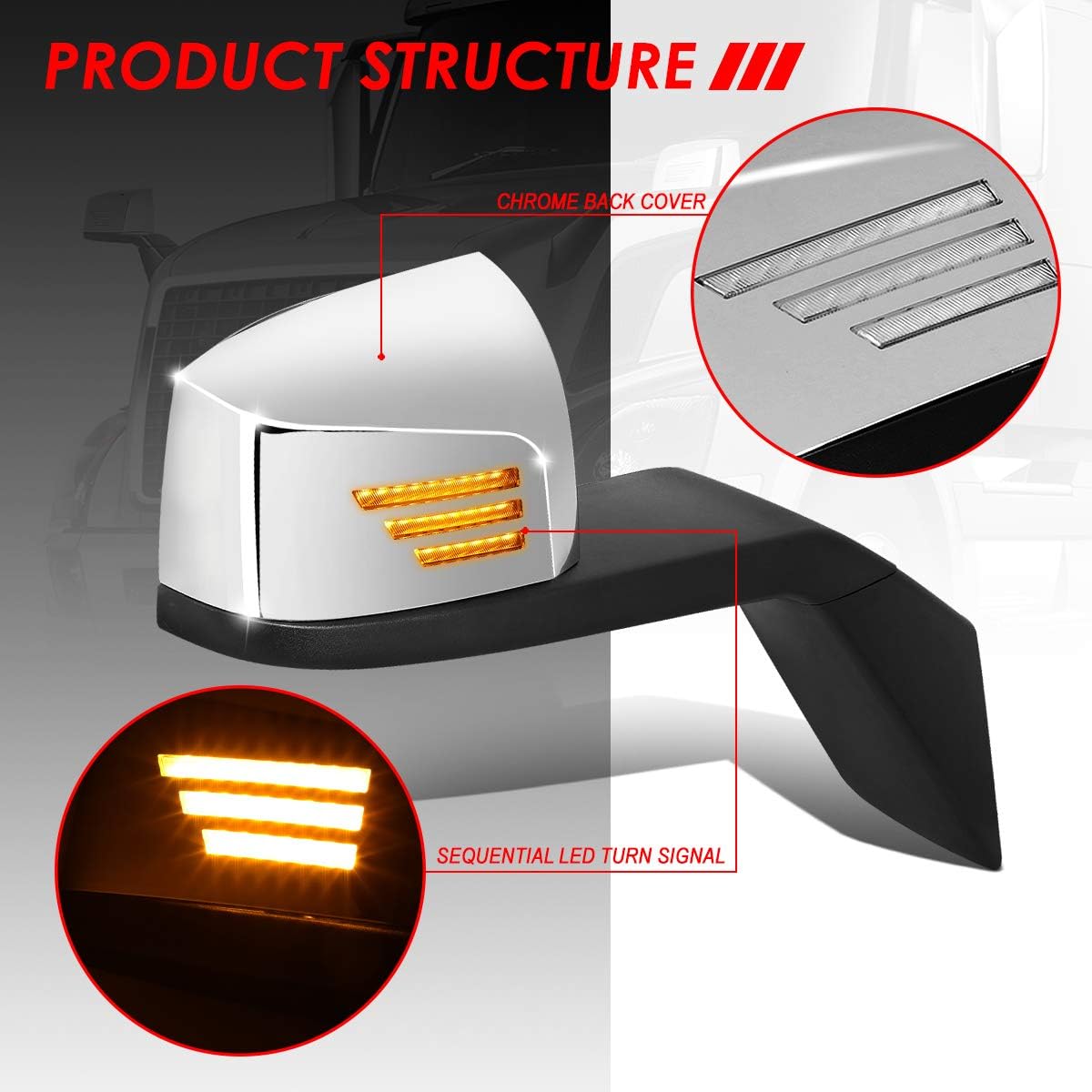 Auto Dynasty LED Sequential Turn Signal Manual Adjust Rear View Side Hood Mirrors Compatible with Volvo VN Series 2004-2017, Driver and Passenger Side, Polished Chrome