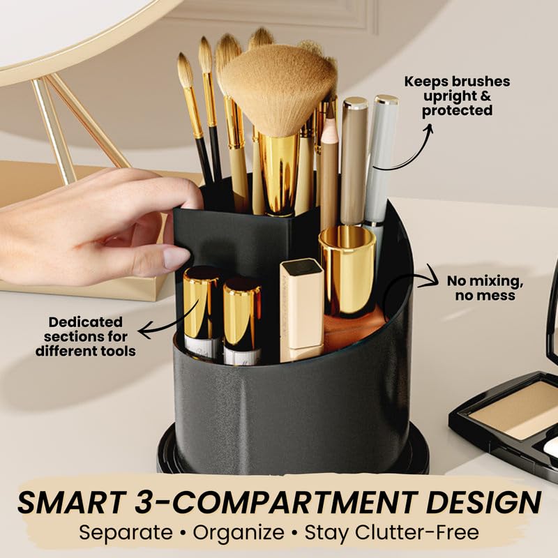 Image of OCEANEVO Cosmetic Makeup Brush Holder with Makeup Sponge, Dustproof Makeup Brush Organiser Stand with 360 Rotatable Lid - 12.5 x 27 Cm - Black - Diamond Pattern - 1 Year Warranty