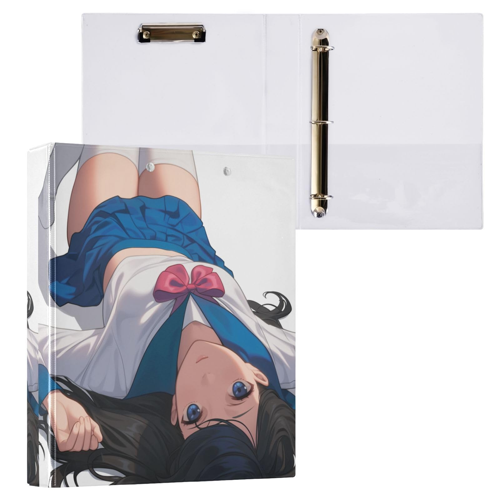 Lot de 2 classeurs à 3 anneaux de 1,5" avec presse-papiers, fournitures scolaires, couverture rigide, dessin animé, étudiante, beauté