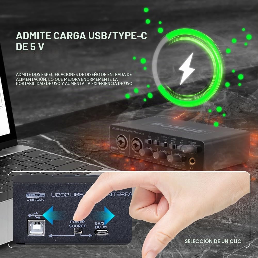 BOMGE U202 Interfaz de audio USB con preamplificador de micrófono XLR/TSR/TS, 48V, resolución de 32 bits/192kHz para grabación en computadora, streaming, podcasting