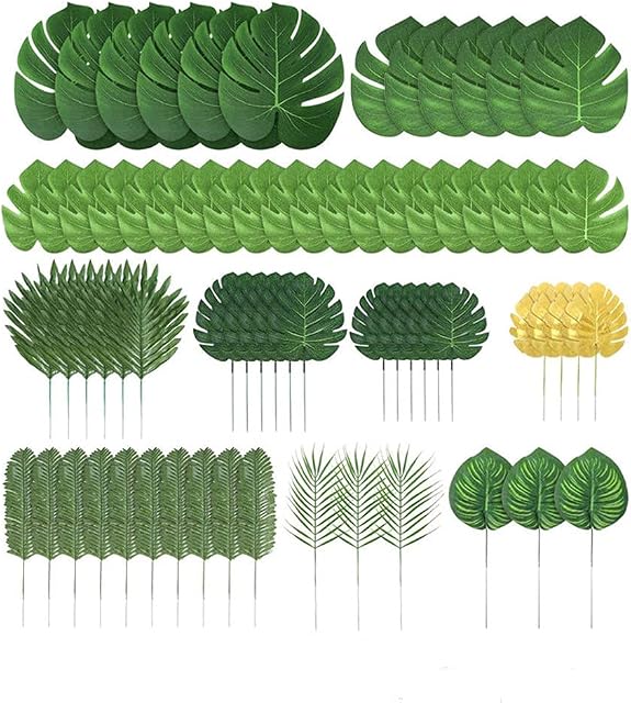 zatyorg 70PCS Artificial Palm Leaves with Stem Artificial Palm Leaves Tropical Plants Faux Monstera Leaves Stems for Jungle Theme Party Decoration Hawaiian Luau Party Decorations,Green