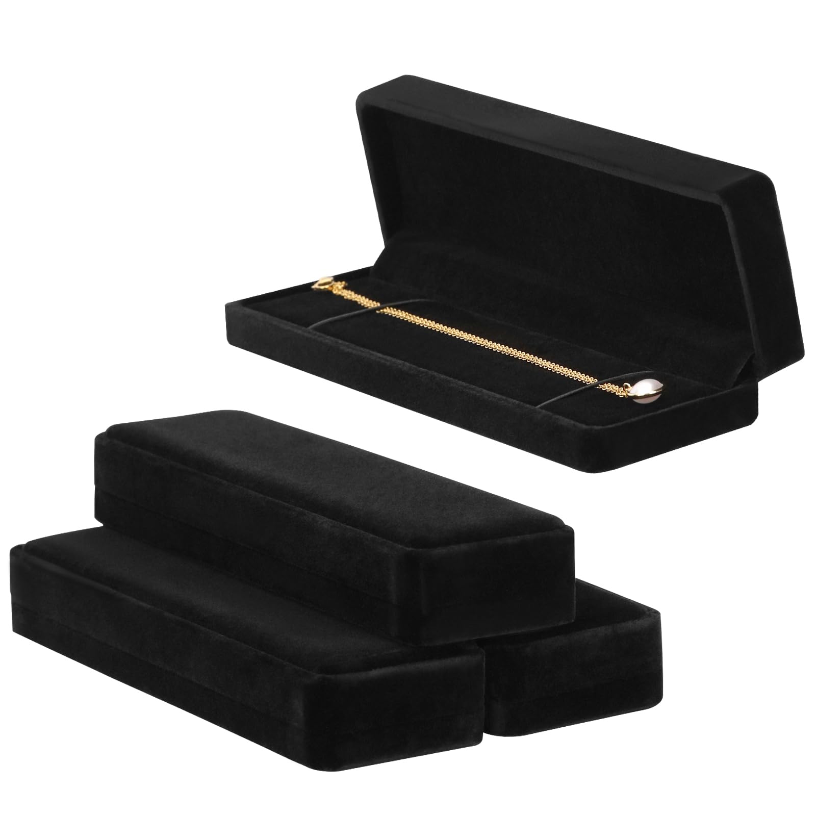 LETURE 4 Pieces Velvet Bracelet Necklace Pendant Jewelry Box, Small Long Jewelry Watch Gift Box for Proposal, Wedding, Engagement, Christmas (BLACK-4PCS)