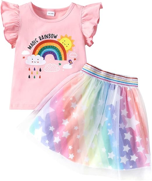 RETSUGO Girls Tulle Skirt Set Two Piece Ruffle Sleeve Unicorn T-Shirt Tutu Dress Summer Birthday Party Outfit 2-10 Years