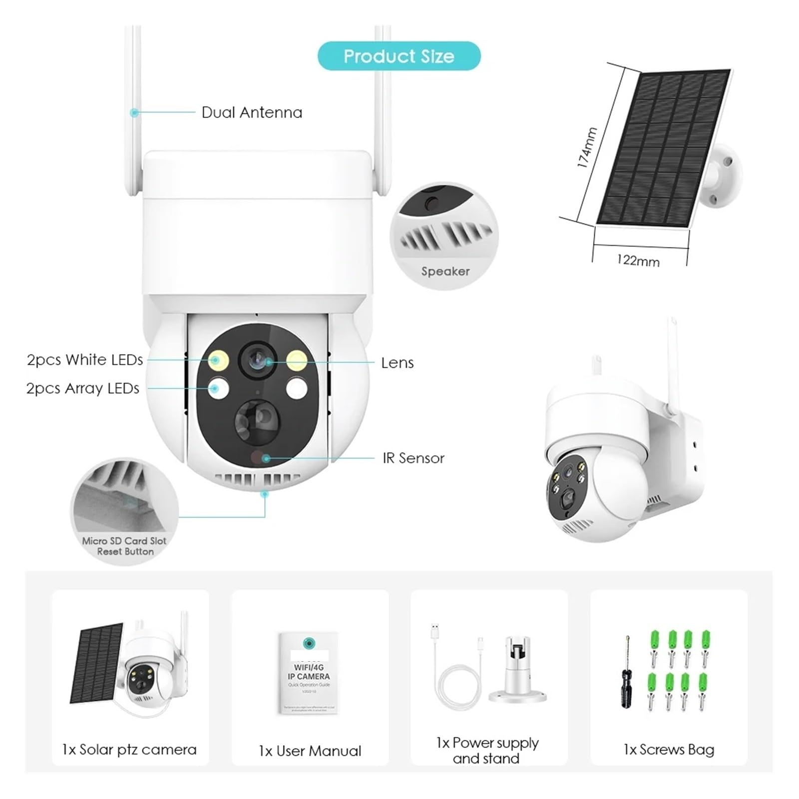 Camera Surveillance, Caméra Solaire PTZ 4MP caméra de sécurité Solaire sans Fil CCTV Batterie extérieure caméra IP PTZ Rechargeable avec Panneau Solaire,Sécurité, Antivol(WiFi Camera Only)