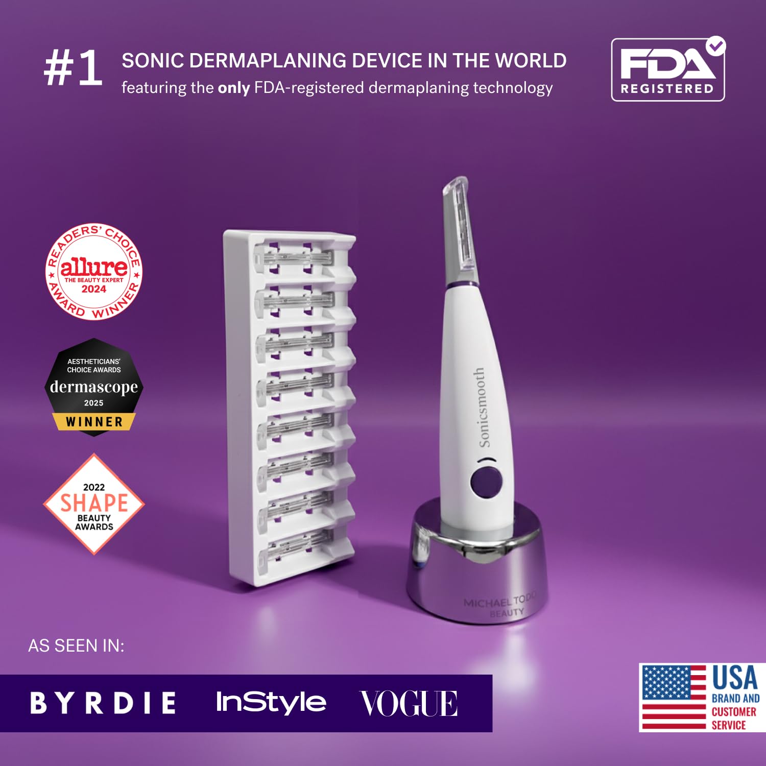 Michael Todd Beauty Sonicsmooth Dermaplane Rasierer für Frauen Gesicht + Augenbrauentrimmer Dermaplaning System – Pfirsich-Fusselentferner – 8 Wochen Dermaplaning-Klingen