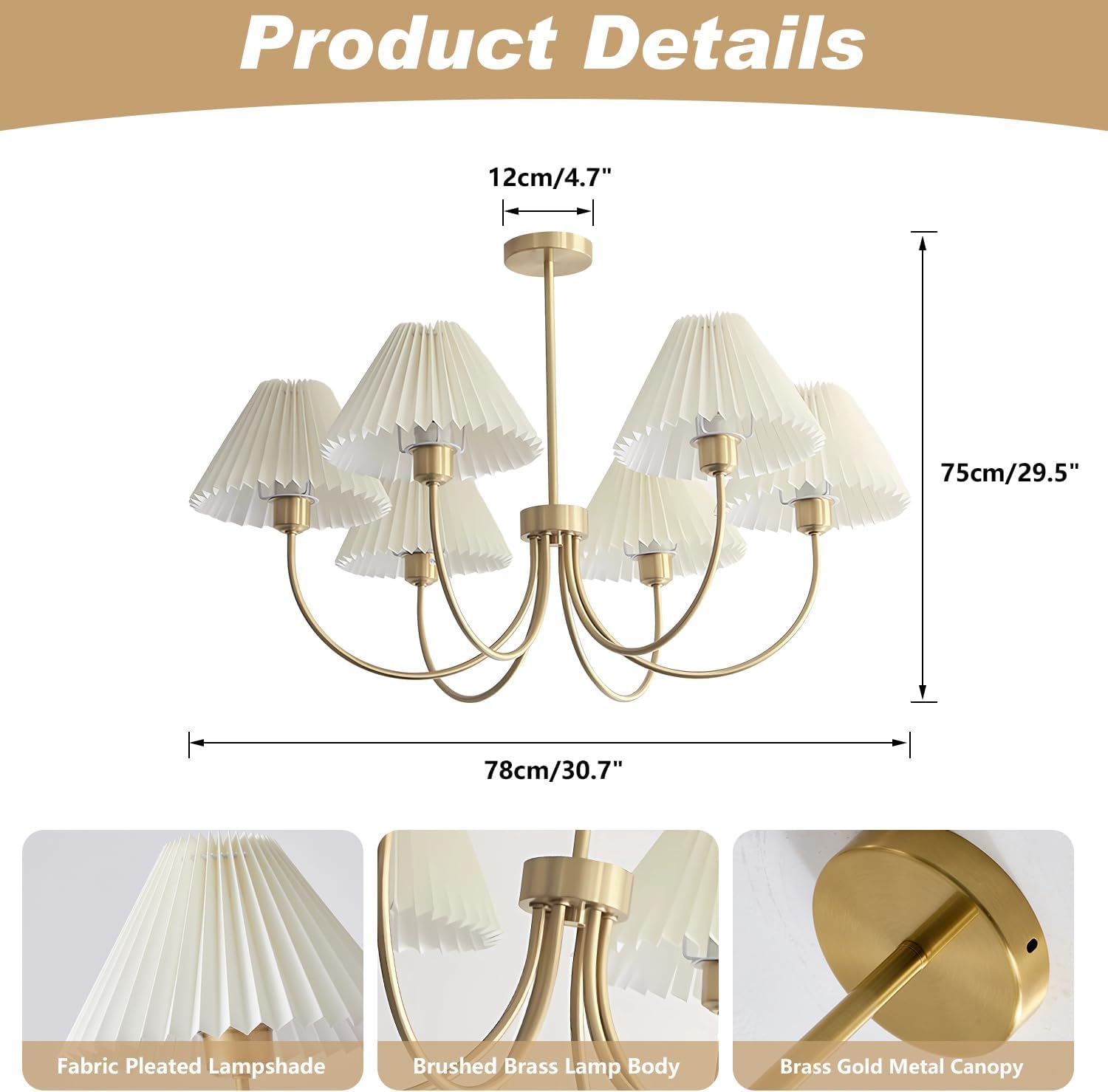 KCO Lighting Kronleuchter Gold 6-Flammig — Pendelleuchte mit Plissierten Stoffschirmen, E27, Höhenverstellbar für Esszimmer & Wohnzimmer