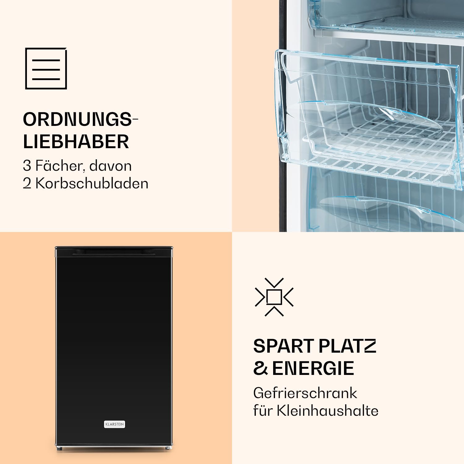 Klarstein Mini Gefrierschrank, Klein & Leise, Freistehender Gefrierschrank, 69L Kleiner Gefrierschrank, Tiefkühlschrank mit Eiswürfelform & Eisschaber, Effiziente Gefrierschränke, Kompakter Freezer