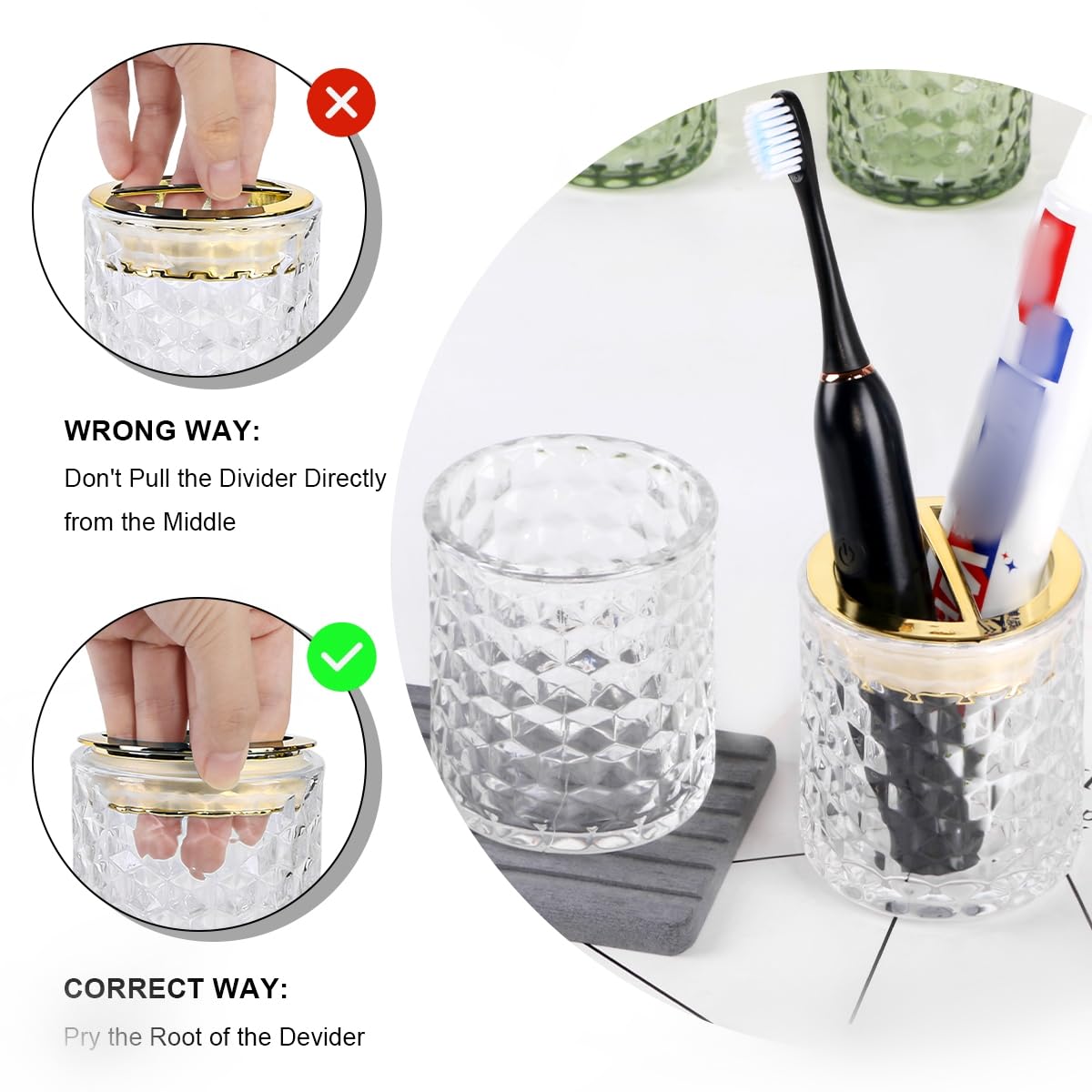 2 soportes para cepillos de dientes para baños, soporte de cepillo de dientes de vidrio y vaso de baño, soporte para cepillo de dientes y pasta de dientes con divisor, soporte para cepillo de
