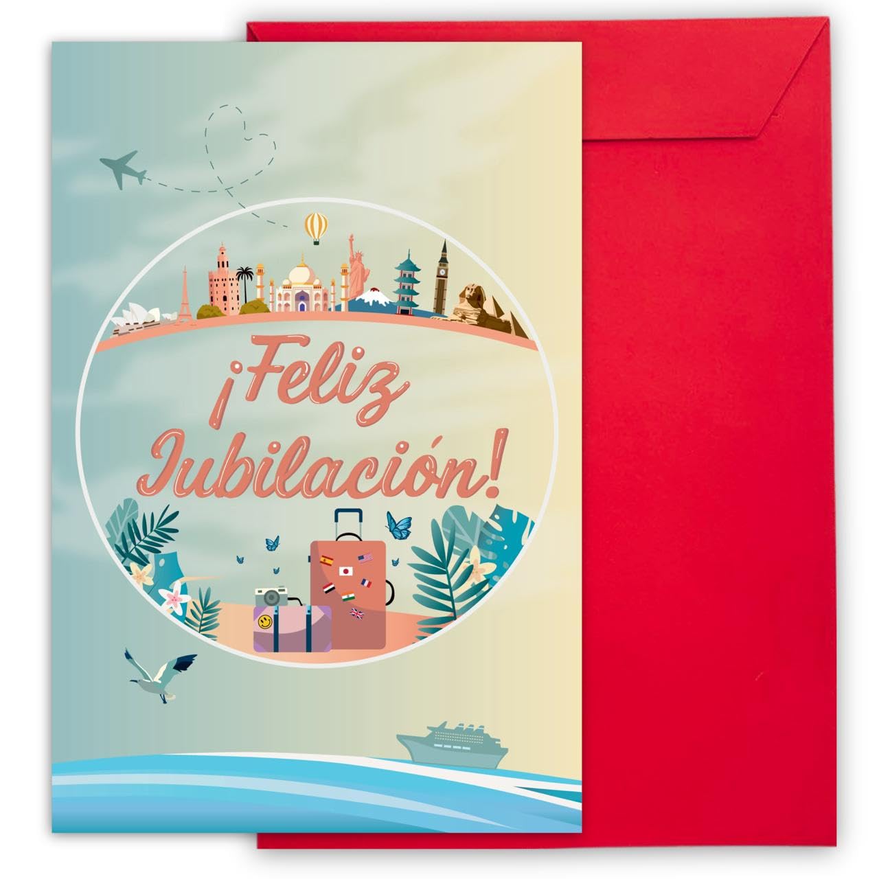 ART Tarjeta felicitacion jubilacion Grande A4 - (42×30 cm abierta (A3) – Regalo profesora o compañera/compañero – Diseño Pastel Suave y Sobre Rojo Reutilizable (JUBILACION)