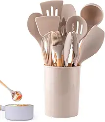 Kit 12 Utensílios de Cozinha em Silicone Cabo Madeira Conjunto Jogo Completo Espátula Concha Colher Resistente Alta Temperatura Premium