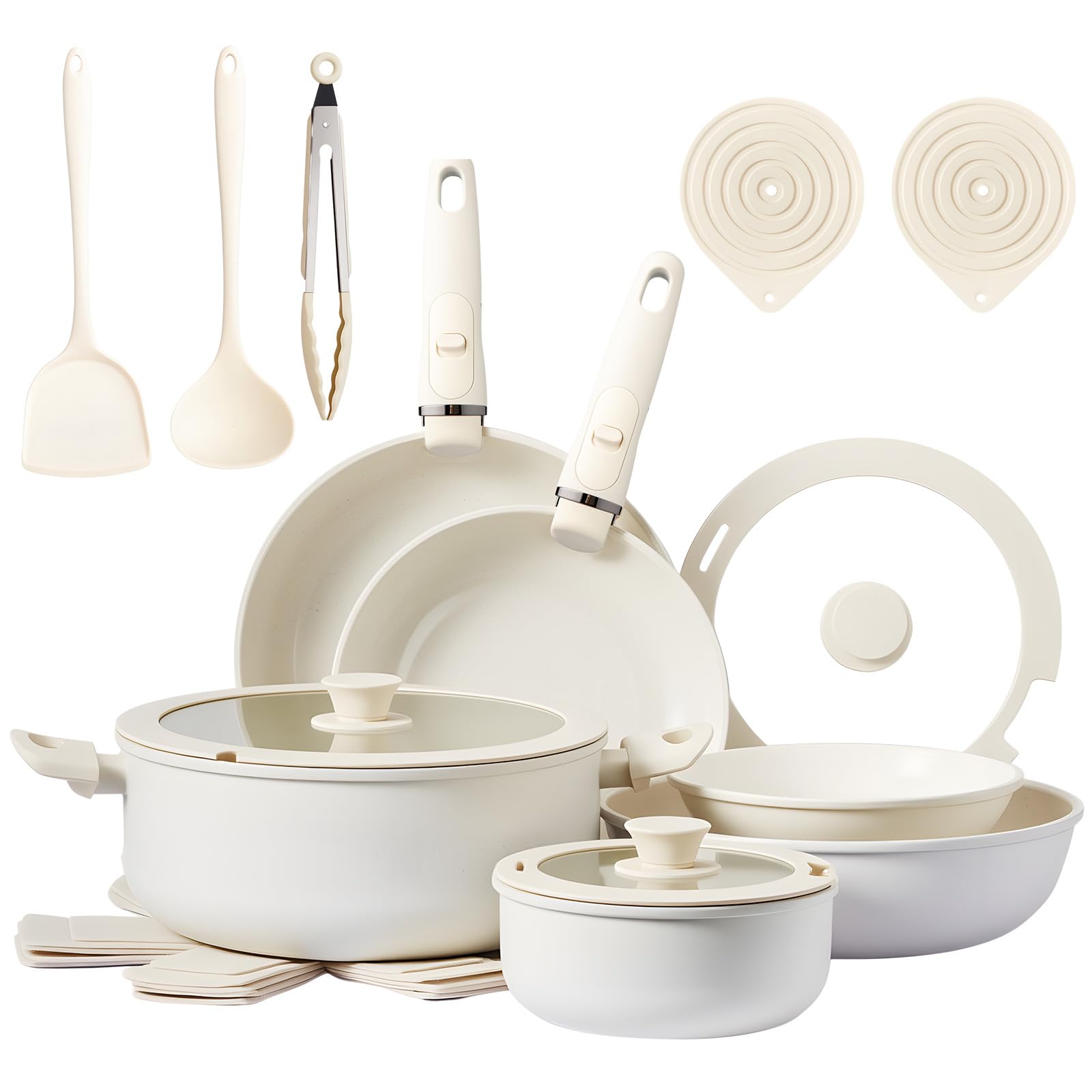 LEADZM Batterie de Cuisine Induction，Casserole Induction，poele，22 Pièces | Set de et en，Casseroles Poêles Céramique Antiadhésif - 22 Pièces avec Poignées Détachables（blanc cassé）