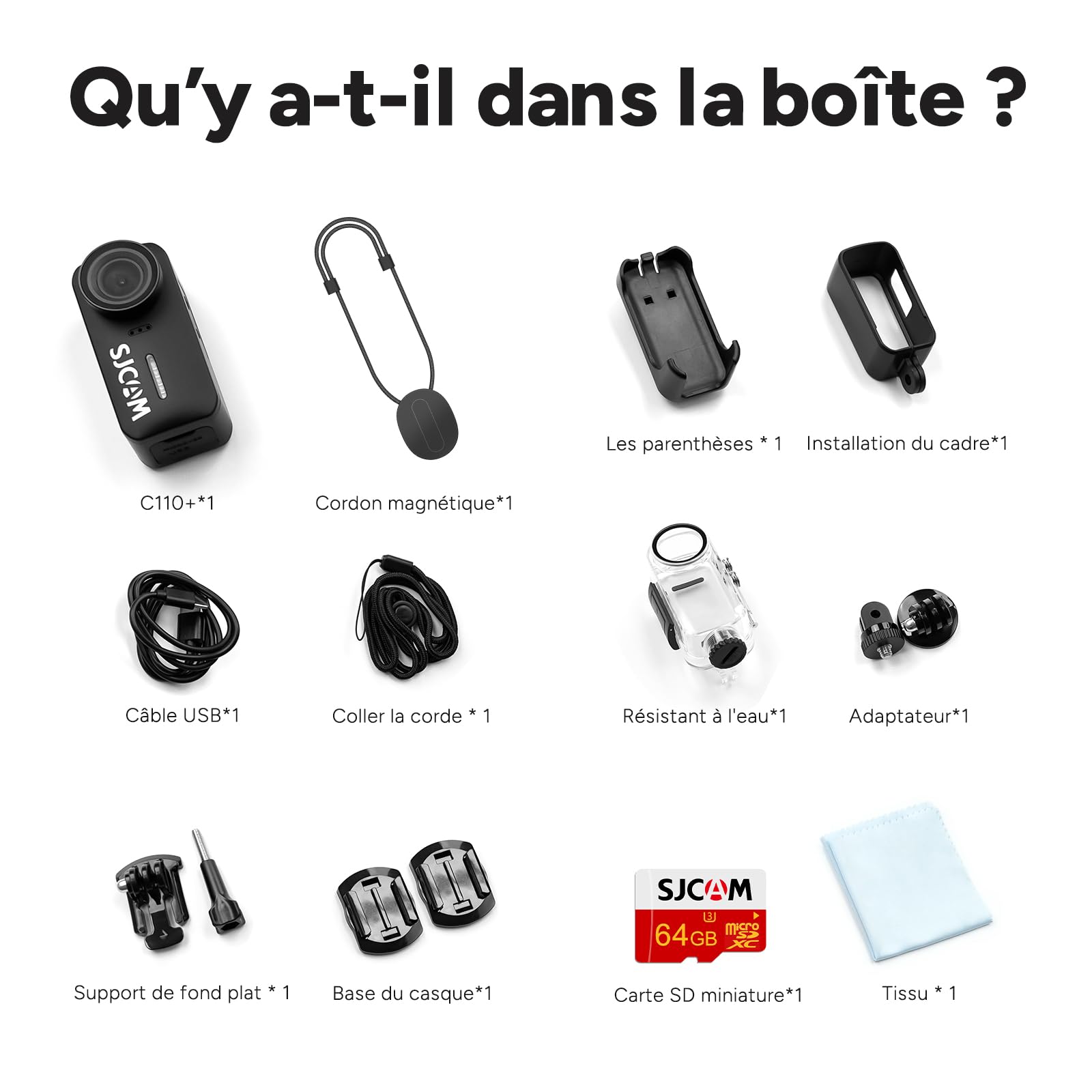 SJCAM C110 Plus Kit Magnétique,4K 20MP POV Mini Caméra Corporelle,64 Go caméra de vlog Portable,Stabilisation 6 Axes, 130 Min d'autonomie,étanche à 30 m, Zoom 8X, pour Le Cyclisme et Le Vlogging,Noir