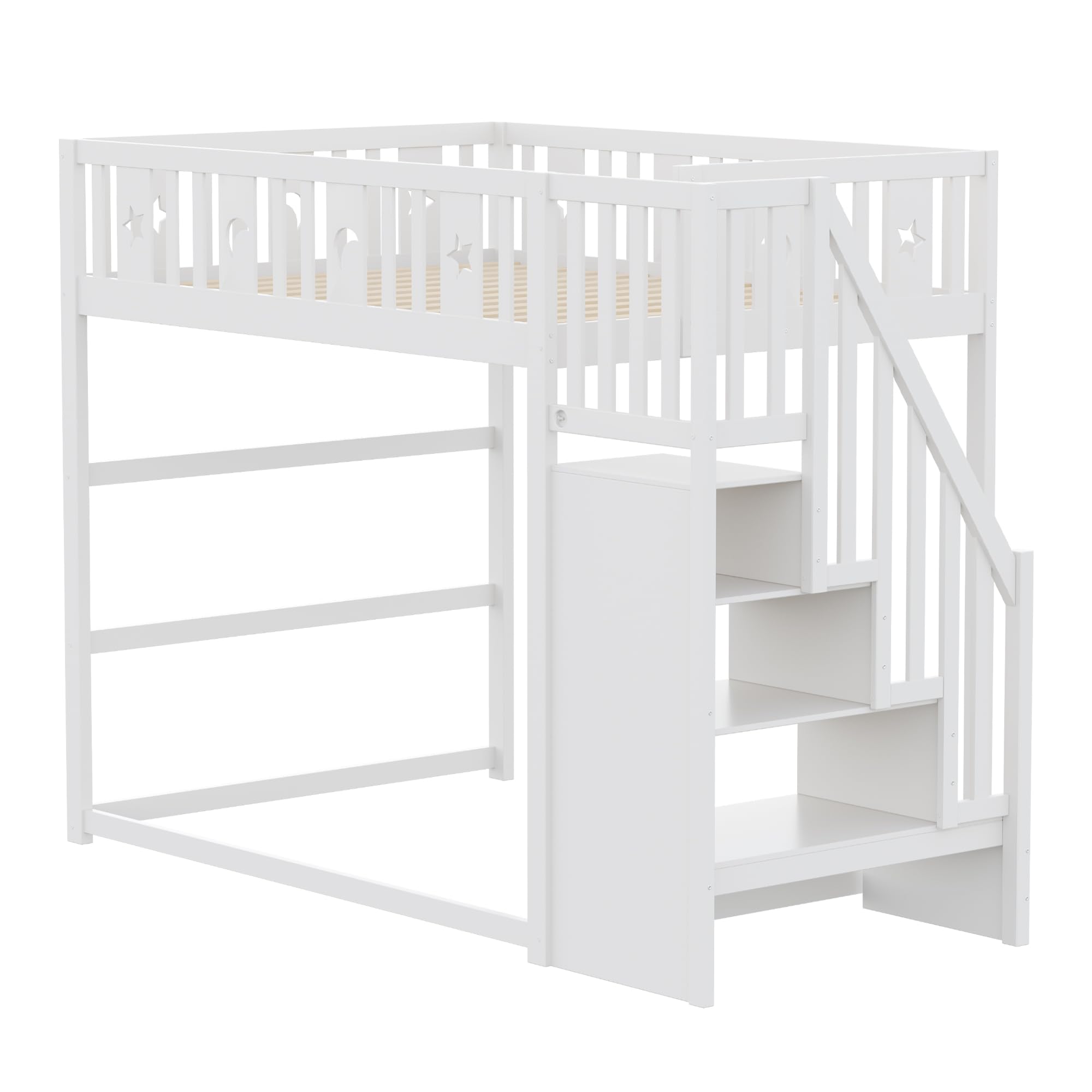 Etagenbett 140x200 cm, Kinderbett mit Treppe | Ohne Matratze, Holzbett mit Stern- und Monddekoration, Bett für Kinder Jugendliche Massivholz Weiß