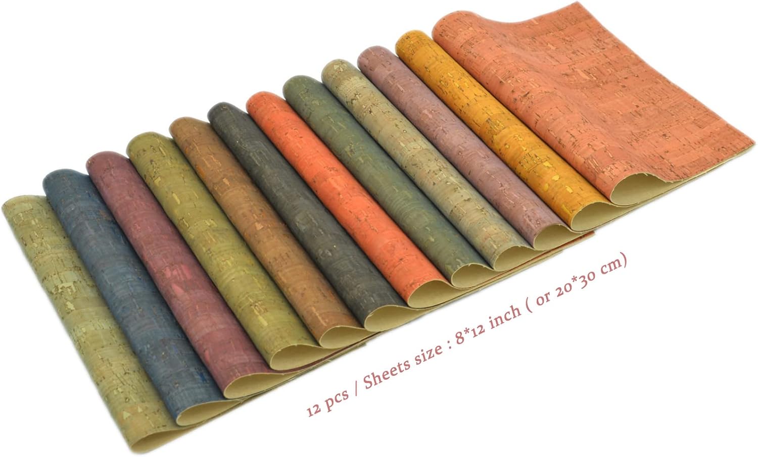 SorenCut 12pcs Colored Cork Fabric Sheets, Cork Faux Sheets for Handcrafts 8" x 12"(20cm x 30cm), Soft Corks Ribbon Fabric for Sewing Pouches, Coins,Purses, Wallets, Notebook, and Other DIY Crafts