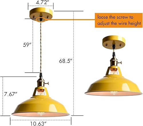 Miniatura 5 de CLAXY Luces colgantes amarillas macarrón, moderna lámpara colgante de granero de metal con interruptor, altura ajustable para colgar, luz tipo loft