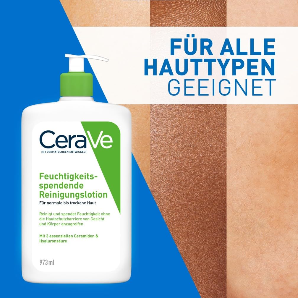 CeraVe Feuchtigkeitsspendende Reinigungslotion für Gesicht und Körper, Normale bis trockene Haut, Mit Hyaluron und 3 essenziellen Ceramiden