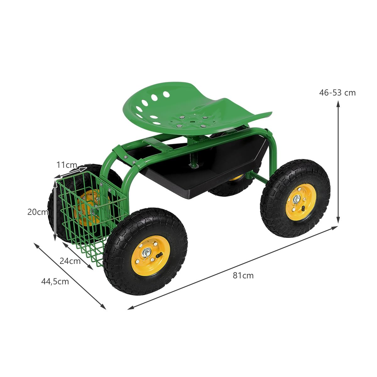COSTWAY Sgabello da Giardino, Sgabello per Giardinaggio con Ruote, Sedile Regolabile in Altezza e Girevole a 360°, Cestello e Vassoio, Carrello per Prato e Giardino, Portata 150 kg(Verde)