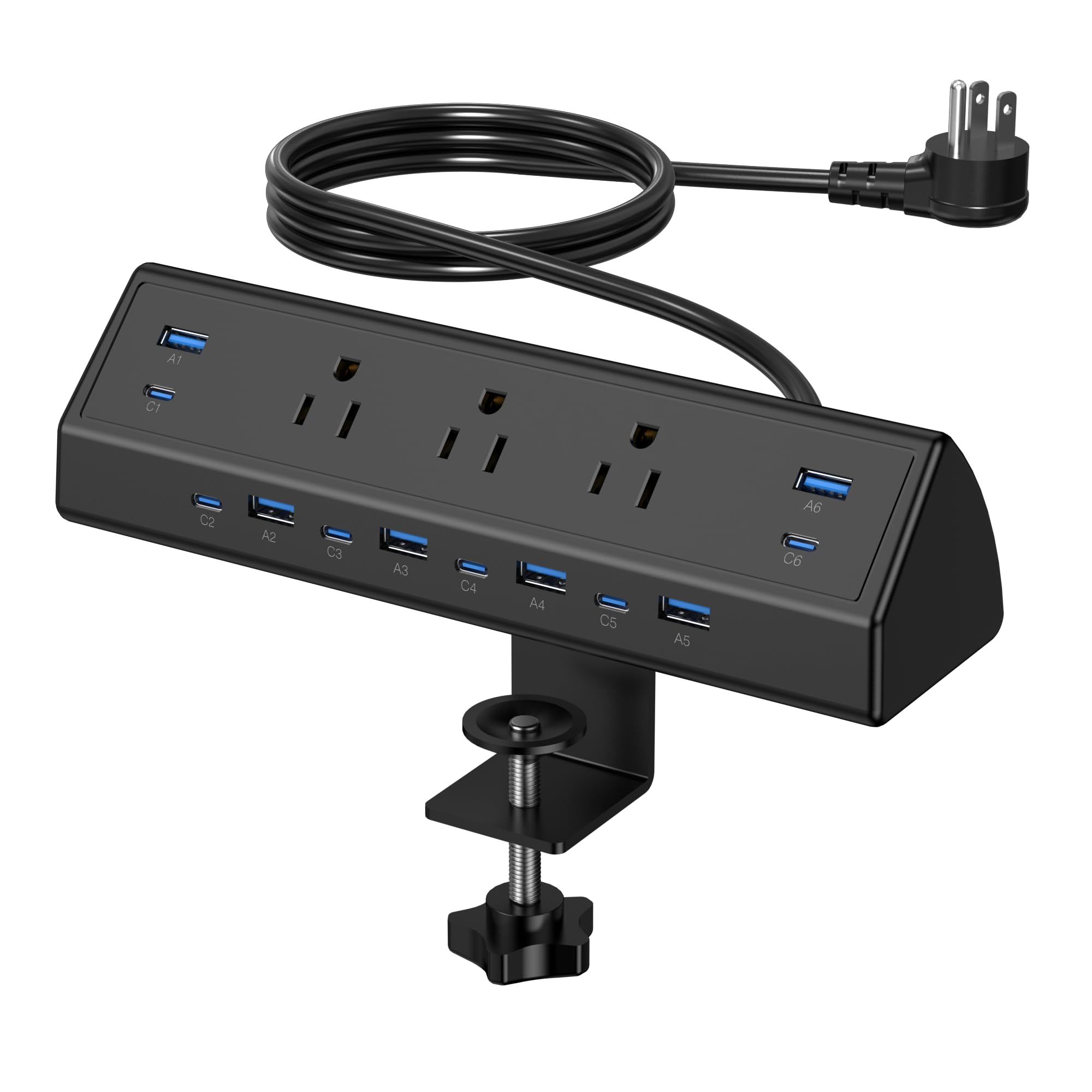Jgstkcity Zasilacz zaciskowy biurkowy 130 W, 12 x USB (6 PD 65 W USB-C), zabezpieczenie przeciwprzepięciowe, przedłużacz koncentratora zasilania, w zestawie