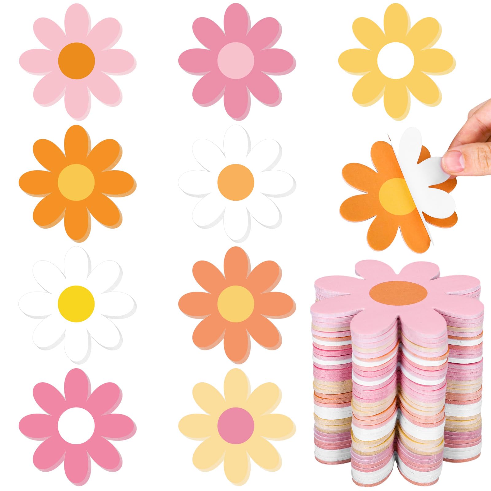 Whaline 36Pcs Boho Groovy Retro Hippie Daisy Flower Sticky Notes 9 Designs Floral Self-Stick Note Pads Colorful Removable Notepads for Reminder