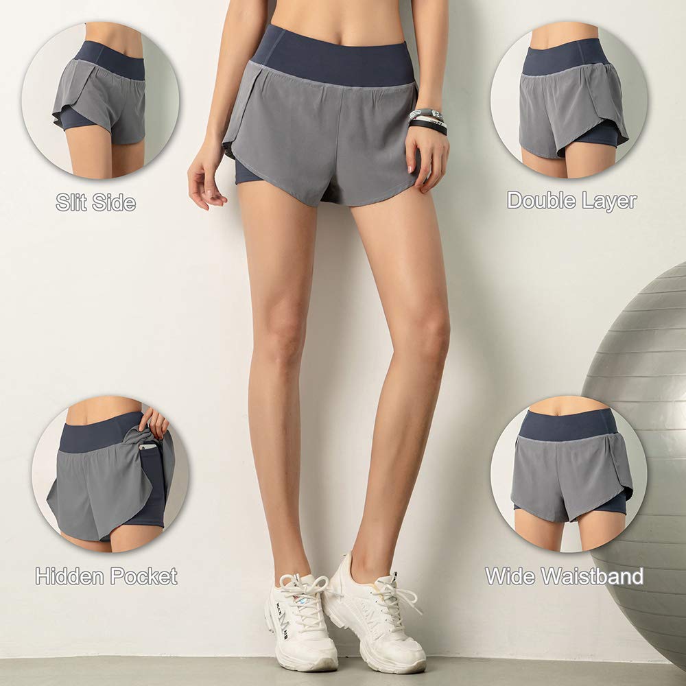 LIXADA Femmes 2-en-1 Short de Course avec Poche Large Ceinture Double Couche Doublure Couche de Couverture Sportswear pour Se prélasser Sport Yoga Athlétique d'entraînement