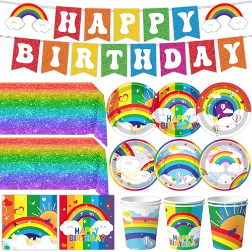 Rainbow Birthday Party Supplies Rainbow Theme Party Decorations for Boy, Include Tablecloth Banner Plate Napkin Cups