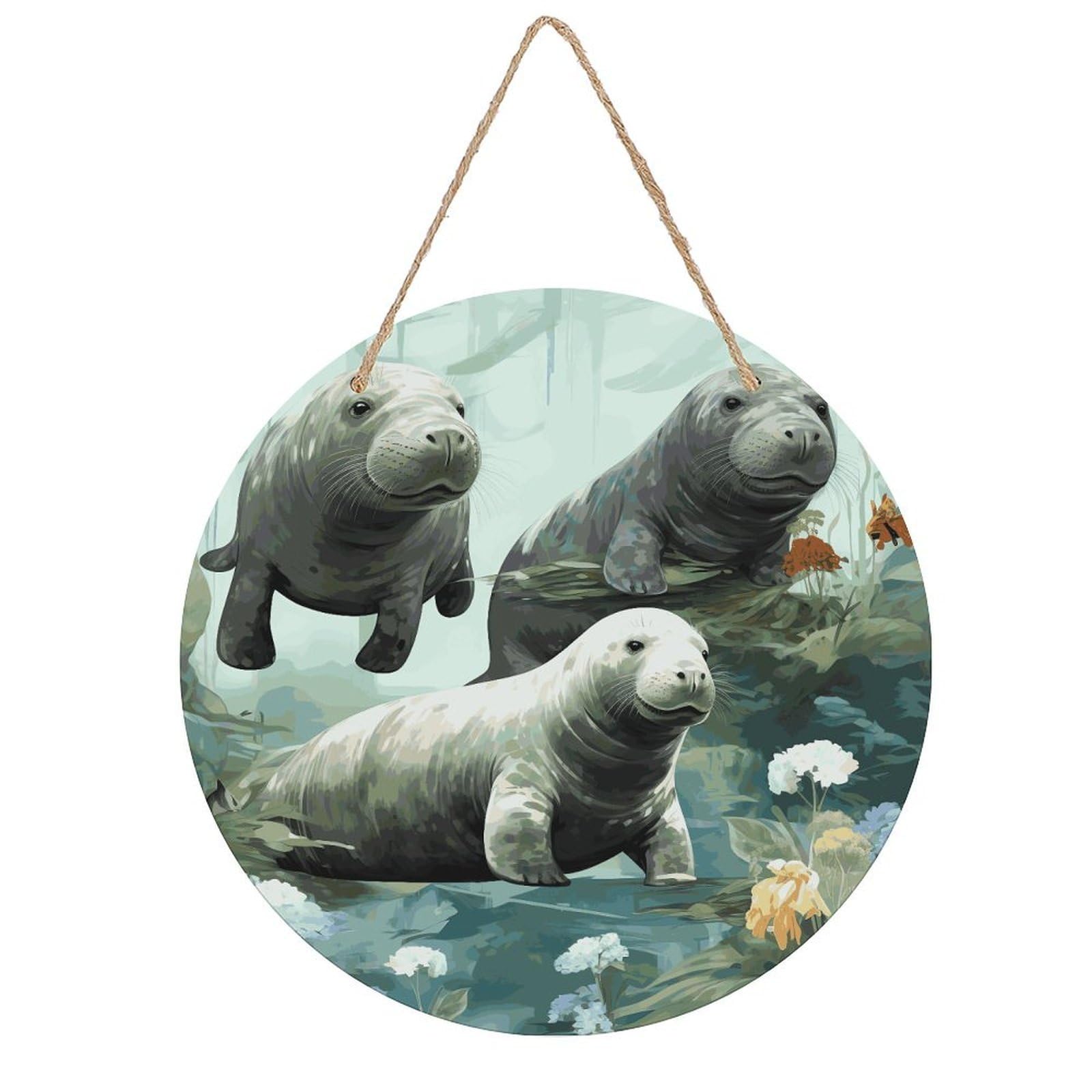 FekiLoot Rabbits Manatees Wall Art Decor Round Wood Hanging Sign Decoration Wooden Circle Door Sign Round Hanging Decorative Wood Plaque Door Hanger for Home Outdoor Indoor Decoration