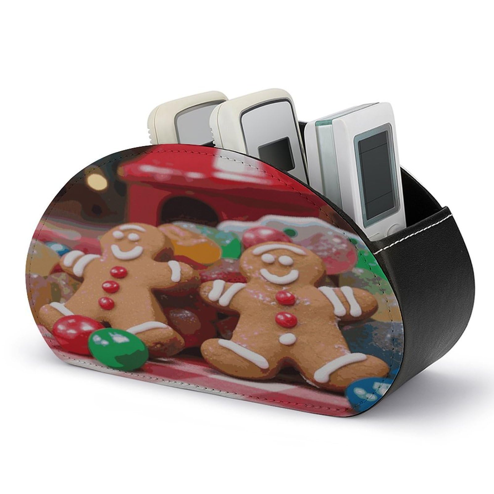 FekiLoot Gingerbread Man Candy Remote Control Holder with 5 Compartments Multi-functional TV Remote Caddy Organizer Leather TV Remote Holder Desktop Organizer Store for Bedside Table Office Desk