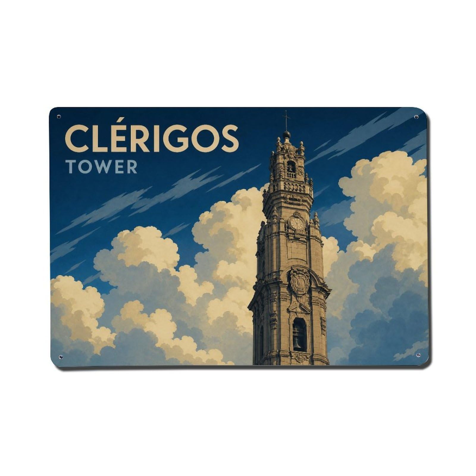 Huiyhb 8X12inch(20X30cm) Vintage Travel Clerigos Tower Cloud Backdrop Dramatic Sky Metal Tin Sign