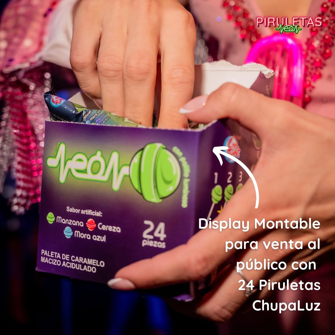 Piruletas Neón – Pack 24 | Piruleta luminosa con palo fluorescente que se activa al doblarlo | Sabores Manzana, Cereza y Mora | Ideal para fiestas, bodas, discotecas y eventos