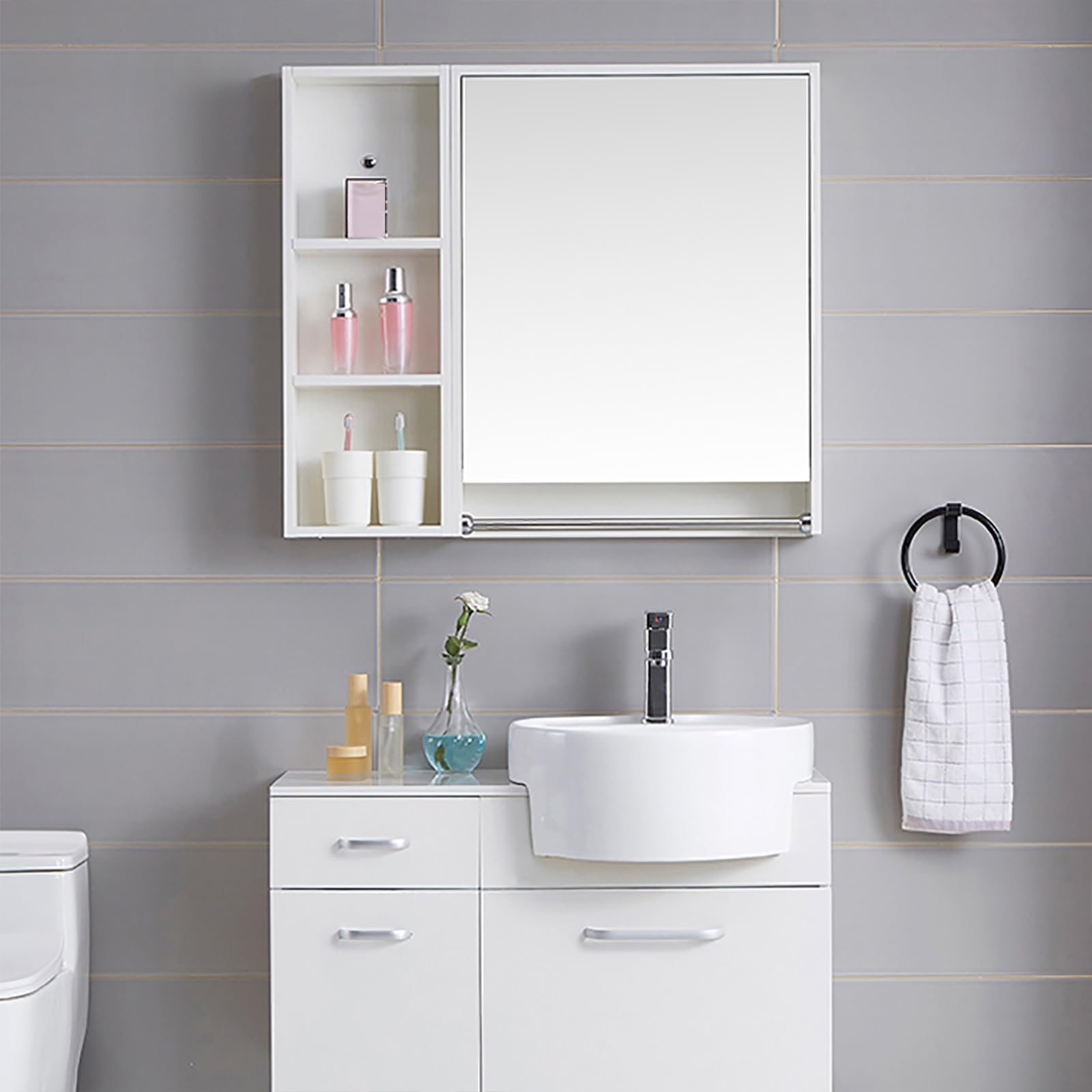 Generico mobiletto del Bagno,Armadietto da Parete per Bagno, armadietto per medicinali in Legno sopra la Toilette con ripiano, armadietto a Parete con Ante a Specchio, con portasciugamani per Bagno W