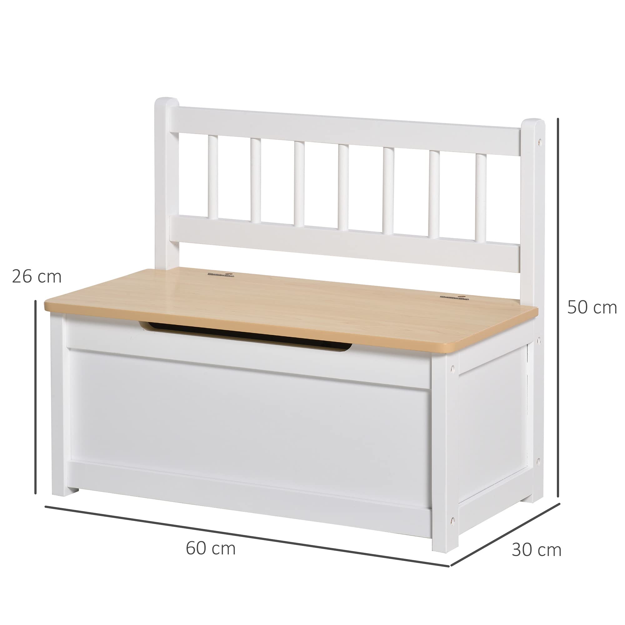 HOMCOM Cassapanca per Bambini 2 in 1 in Legno con Pistone per Chiusura Sicura, 60x30x50cm Bianco e Legno Naturale