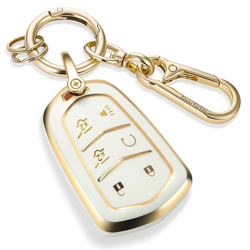 Capa para chave automotiva Cadillac em TPU com mosquetão metálico polido dourado, 6 botões